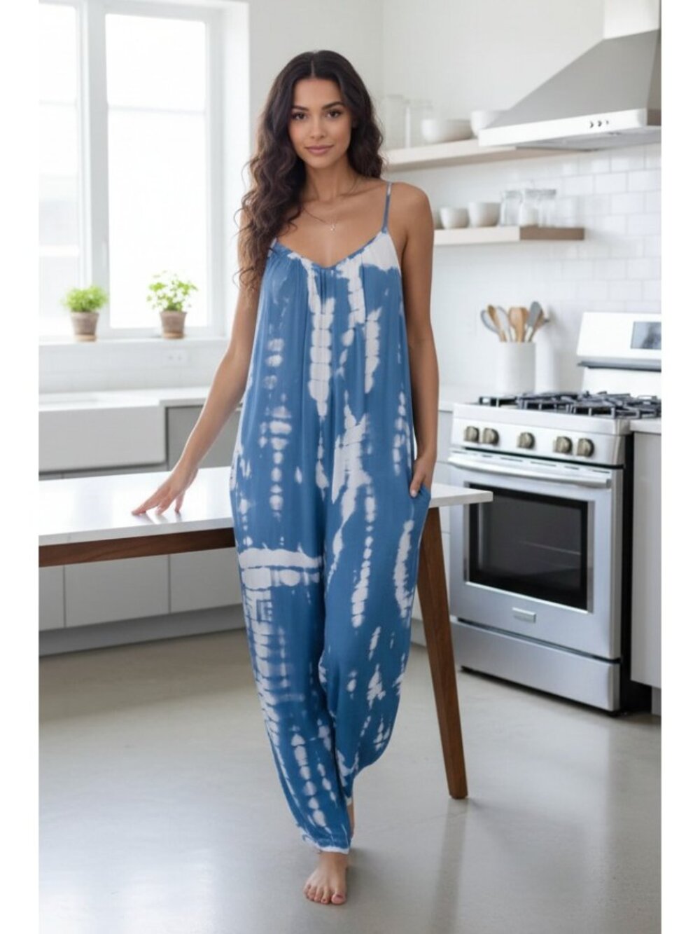 V-Neck Spaghetti Strap Baggy One-Piece Pocket Wide Leg Pant Low Back Jumpsuit
